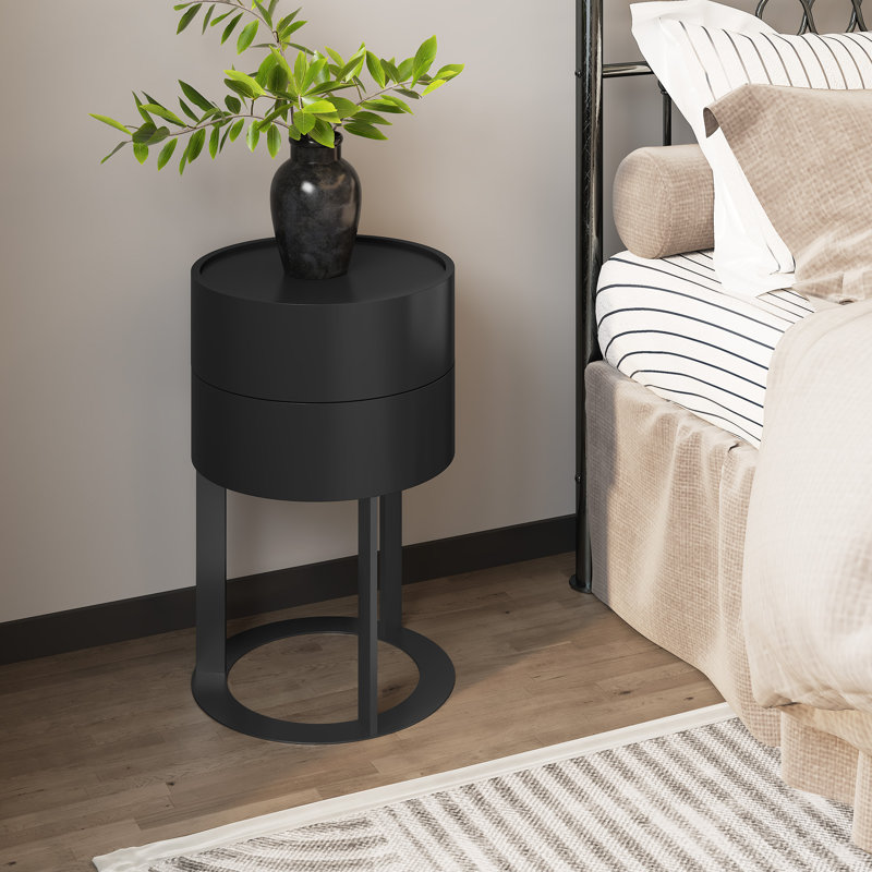 2 - Drawer Round End Table， Rotary Opening Nightstand, Black, Black