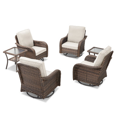 6 Pieces Outdoor Patio Furniture Set, All-Weather Highback Rattan Swivel Chairs Set Of 4 With 2 Side Tables, Outdoor Conversation Set For Patio, Porch, Backyard, Garden