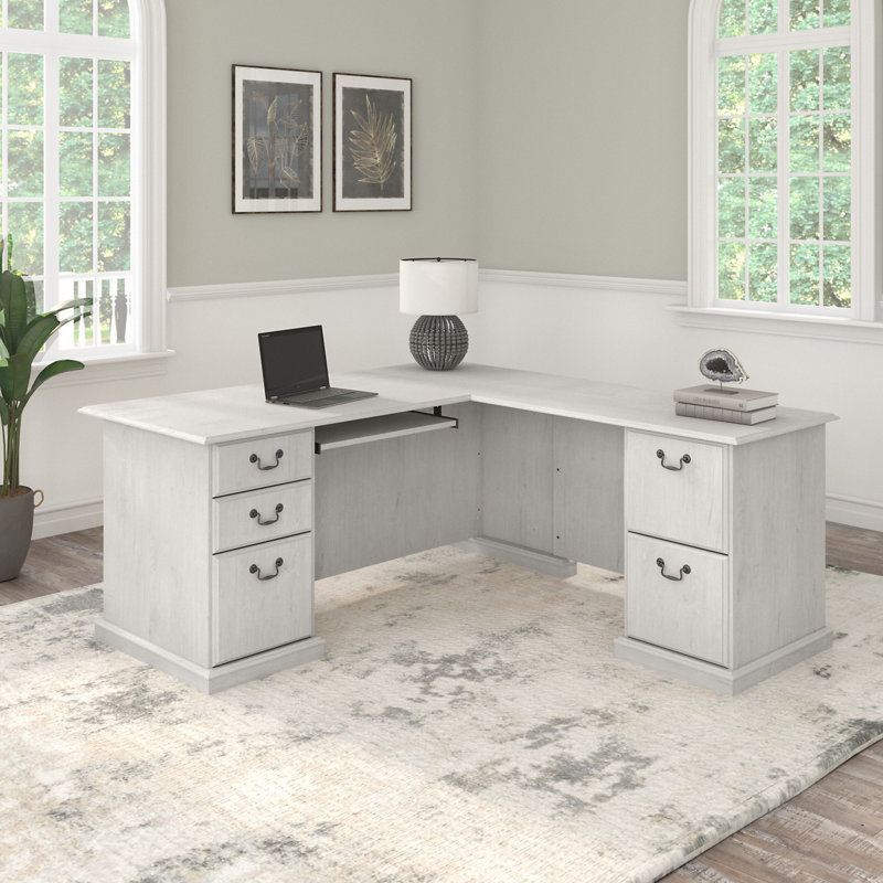 Raker Reversible L-Shape Computer Desk with Drawers, Linen White Oak