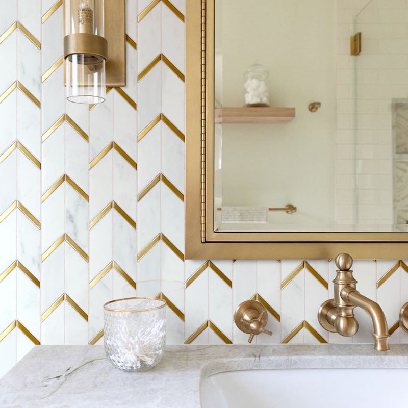 Natural Bianco 1" x 2" Herringbone / Chevron Mosaic Wall Tile, White/Gold