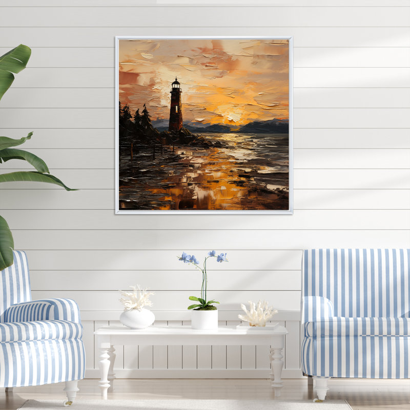 Phare au coucher du soleil, balise II - art mural Coastal Sunset, Cadre flottant blanc, H 30 po x l 30 po x P 1,5 po