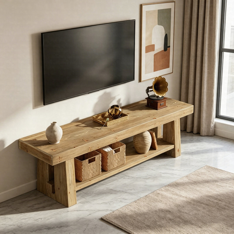 Meuble télé 63 po en bois massif pour téléviseur jusqu'à 75 po, console multimédia à 2 niveaux avec tablettes ouvertes