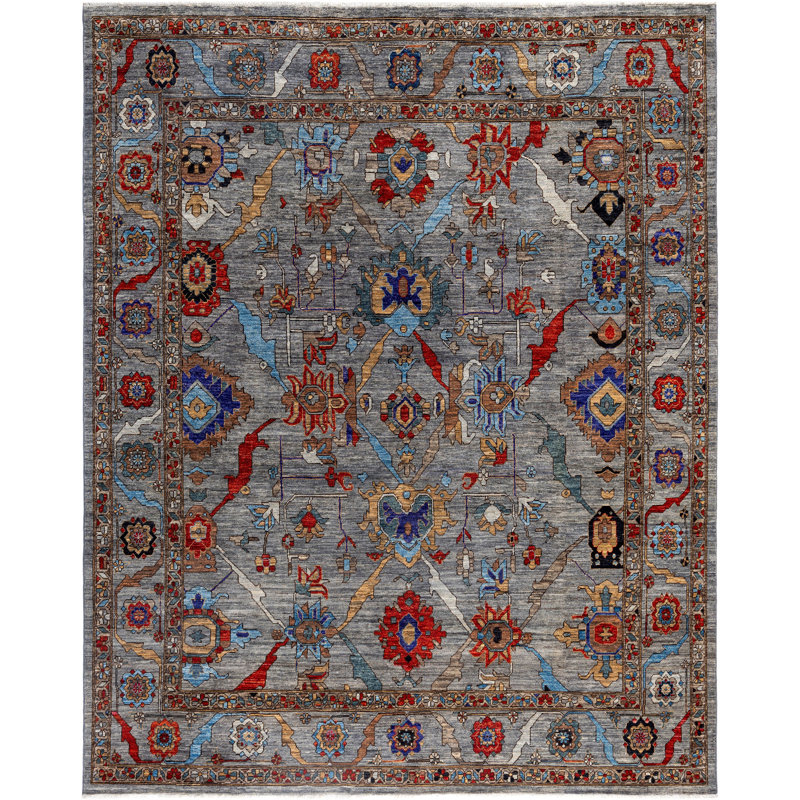 Tapis unique noué à la main gris Raffin de 8 pi 1 po x 10 pi 0 po Raffin