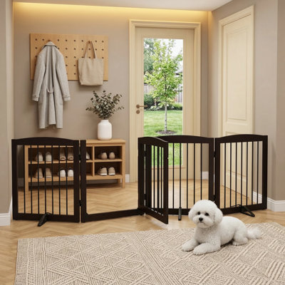 Freestanding Dog Gate with Walk-Through Door, 80" Wide Pet Barrier for Stairs, 4 Panels 24" Tall with Support Feet, Indoor Use, Dark Brown