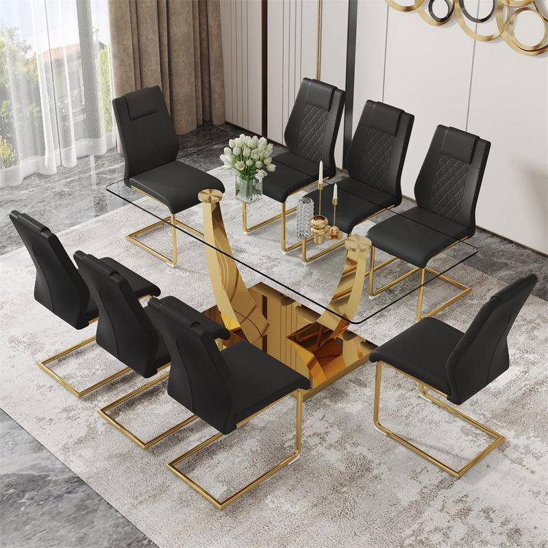 Ensemble de table de salle à manger 71 po en verre pour 8, ensemble de table et chaises de cuisine 9 pièces, pour le salon, petit espace (inclure 8 chaises noires)