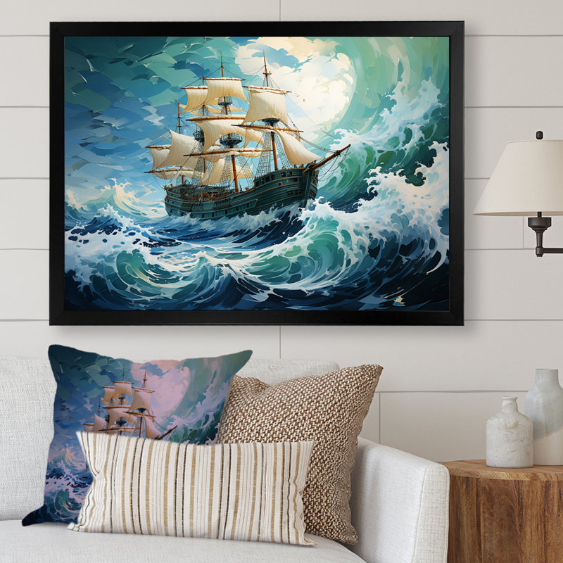 The Pirate Boat Odyssey's Voyage I - Art mural classique, Cadre d'angle fermé noir, H 34 po x l 44 po x P 1,5 po