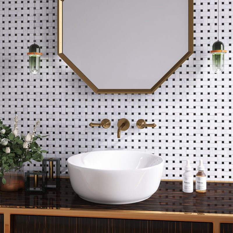 Carreau de mosaïque en marbre poli Carrara 12,01 po x 12,01 po Carrara Dot, Blanc / noir