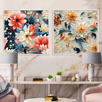 Coral And Beige Carnation Floral Pattern - Floral Square Collage Set Of 2