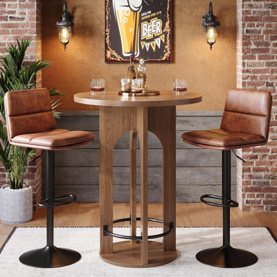 39.4" Brown Round Bar Table with Arch Column & Metal Footrest, Bistro Pub Table for Living Room & Small Spaces, Table Only