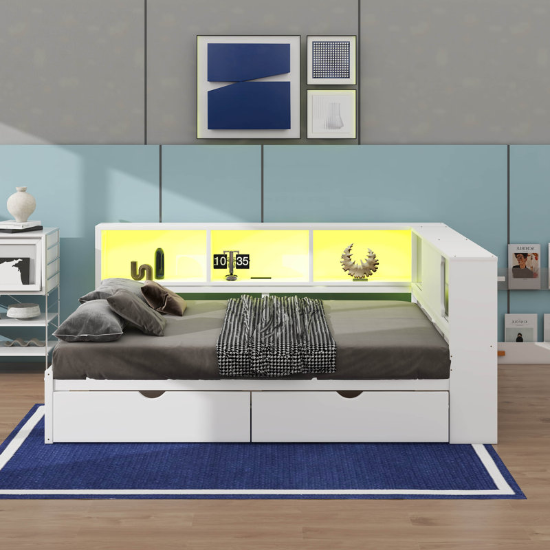 Structure de lit de jour avec 2 tiroirs et tablettes de rangement, canapé-lit d'angle en bois avec ports USB et DEL, Blanc