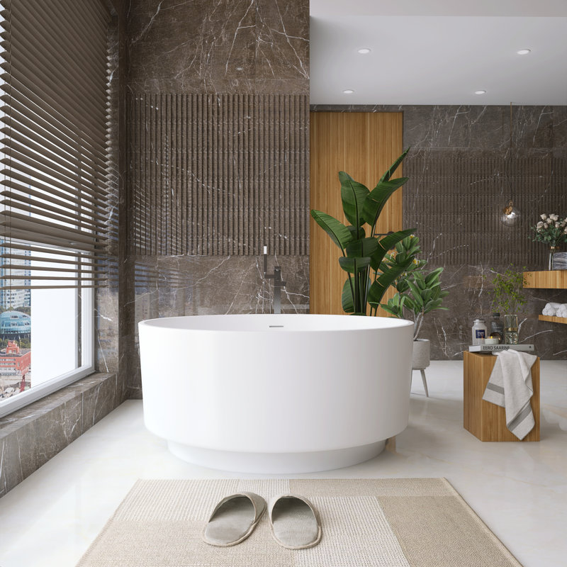 50 po X 50 po Baignoire de trempage autoportante à surface solide en pierre Stone avec drain central en blanc mat