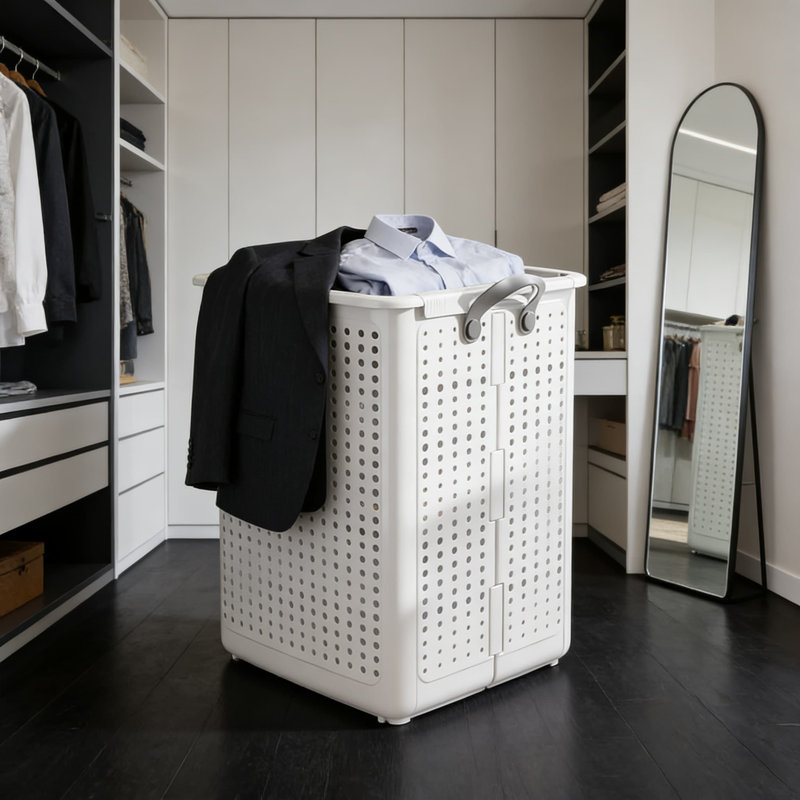 White,Folding Dirty Clothes Basket, Home Laundry Basket, Storage Basket, Dirty Clothes Basket, Bathroom Dirty Clothes Storage Basket, PP Material, Strong And Highly Pressure-Resistant, Anti-Deformation And More Durable, Mesh Design, Breathable And Mold-P