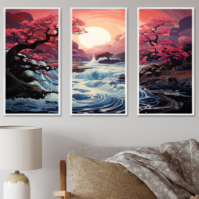 Japon, rivière rose, lever de soleil, rivière, art mural