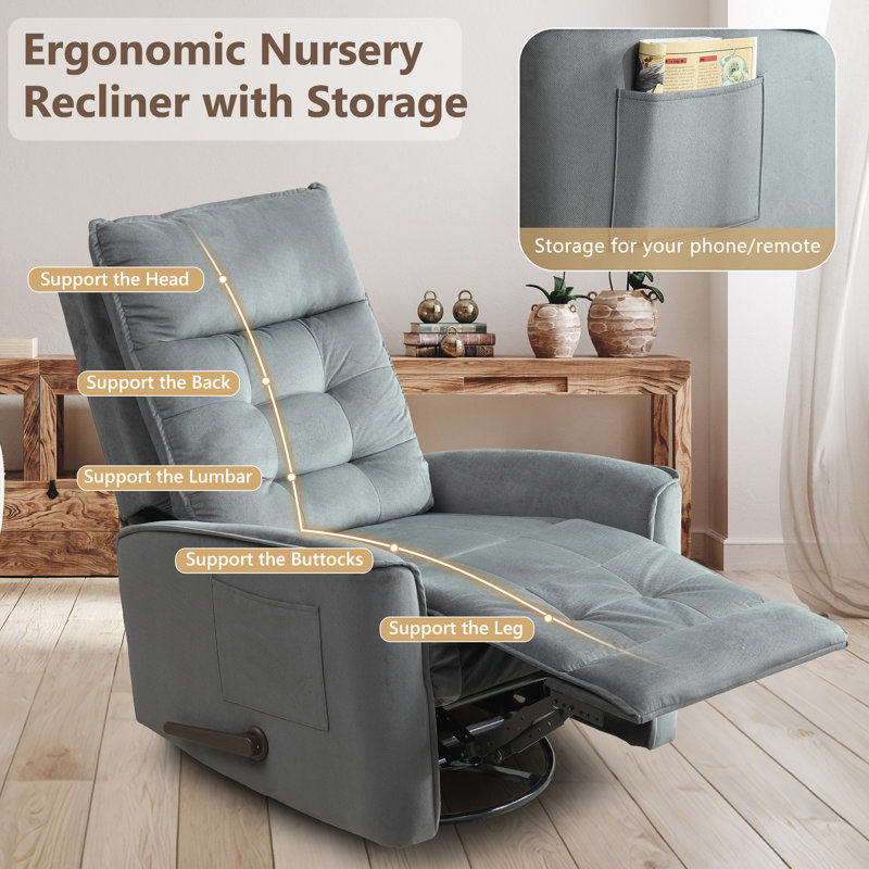 Soft Velvet Recliner Manual Swivel Rocker Recliner For Adults (Set Of 2), Small Recliners For Small Spaces-Gray, Gray