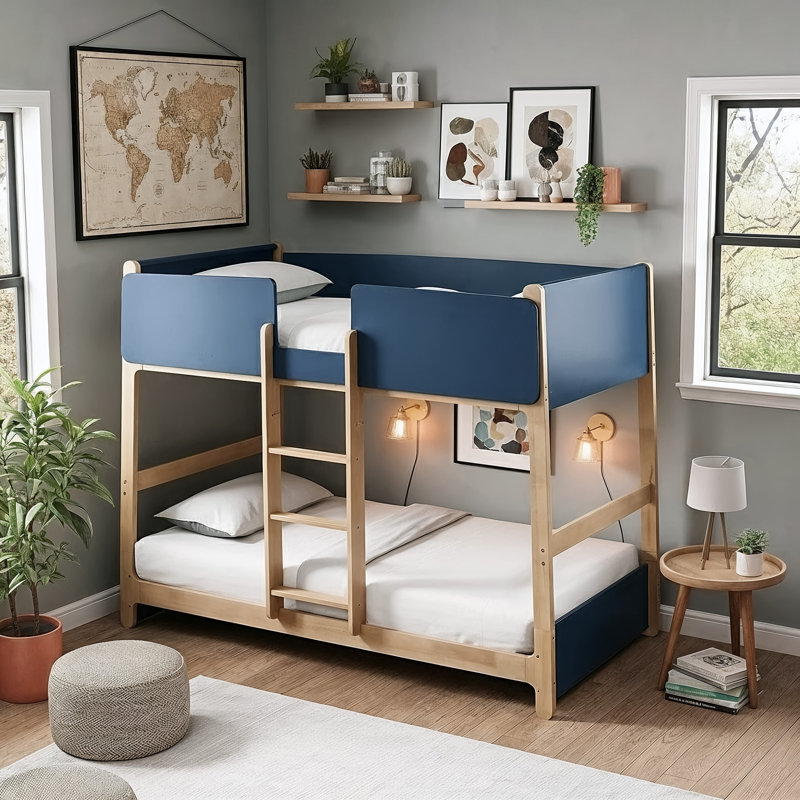 Bustillo Scandinavian Solid Wood Twin Over Twin Bunk Bed With Ladder, Milk Oak/Indigo Dye Up