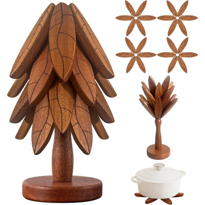 Tree Coasters, Wooden Trivets For Hot Dishes/Pot/Bowl/Teapot/Pans, Tree Shape Trivet Set - 4 Wooden Trivets + 1 Stand Stored, Kitchen Gifts For Him/Her (Leaf Pattern - 4Pcs)