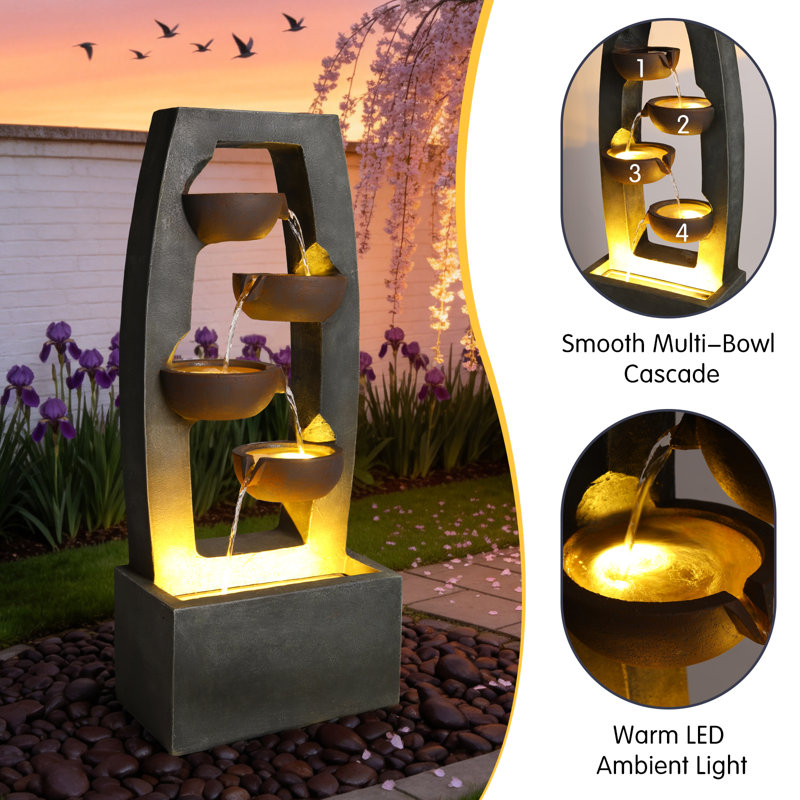 4-Tier Cascading Bowl Water Fountain with LED Lights, Contemporary Rectangular Outdoor Waterfall for Garden and Patio, Gray