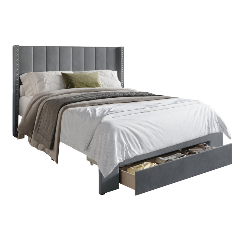 Georgia-Lee Upholstered Wingback Storage Bed, Light Gray, Queen