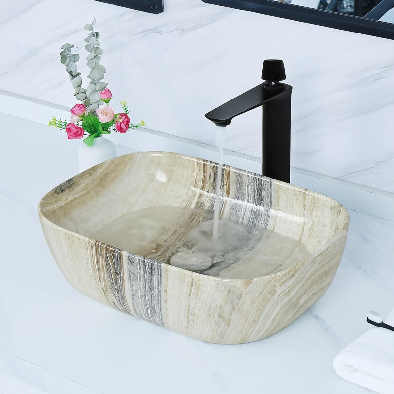 Davivy 18.3"×13" Nordic Marbling Rectangle Bathroom Vessel Sink With Pop Up Drain Ceramic Vessel Sinks