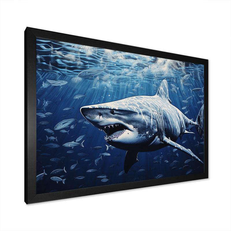 " Bull Shark Depths Photography ", 16" H x 32" W x 1" D, Black Single Picture Framed
