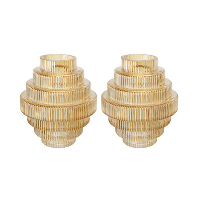 Set of 2 Tiered Geometric Glass Vases with Amber Luster Finish