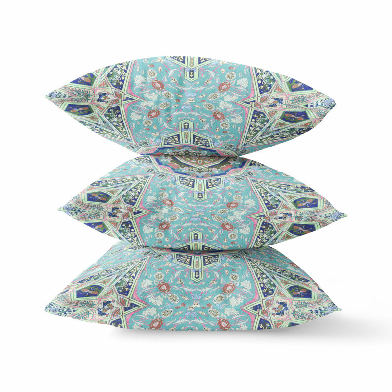 Coussin décoratif 16 po en suède de fleurs bleu clair Boho, Bleu aqua / beige