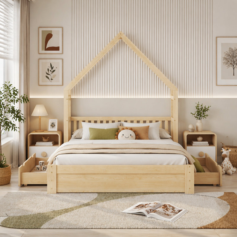 Grand lit plateforme en bois avec garde-corps et 2 tiroirs, Natural