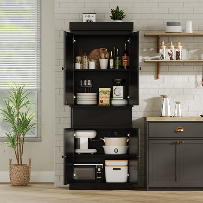 Modern Tall Pantry Cabinet with Rattan Doors – Freestanding Storage with Adjustable Shelves & Drawer, Sleek Entryway Furniture for Kitchen, Dining Room, Living Room, Bathroom (Pure Matte Black)