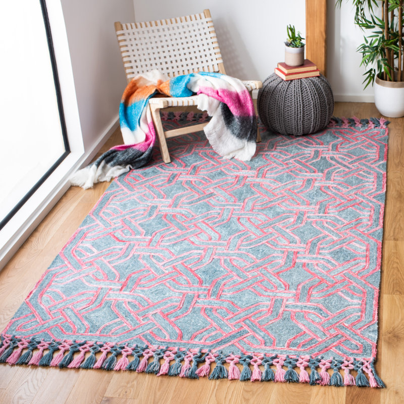 Tapis rose / gris touffeté à la main à motif géométrique Curran, Rectangle 5 pi x 8 pi