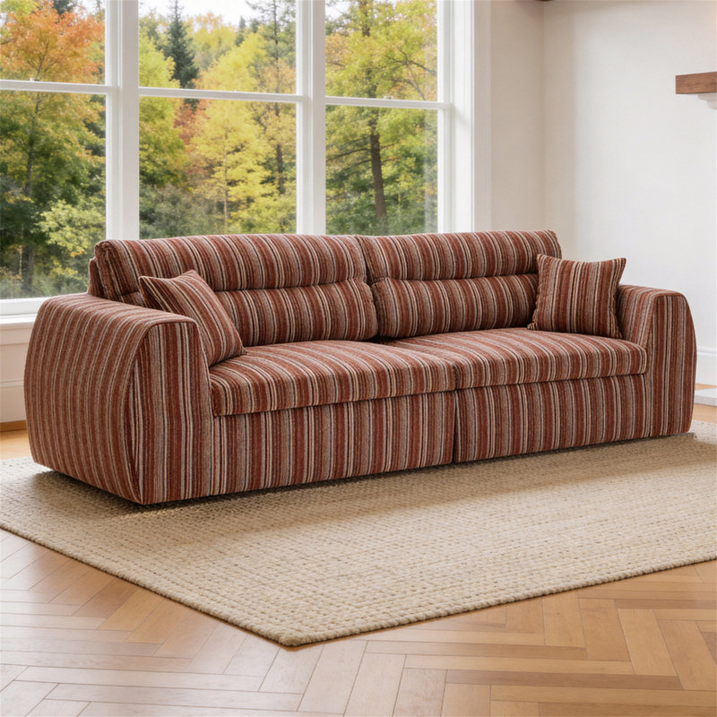 Canapé tissé à rayures en chenille, Acajou, rouge + chenille brune