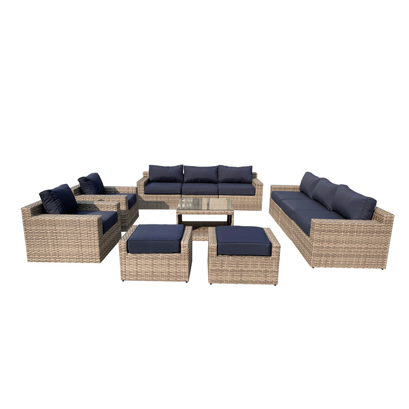 Eastford 11 Piece Rattan Multiple Chairs Seating Group with Cushions, Navy