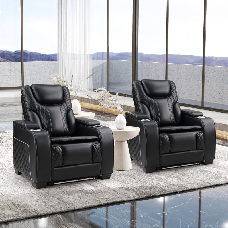 Chaise inclinable de 37 po de style cinéma en similicuir avec éclairage à DEL, porte-gobelets et appui-tête réglable (ensemble de 2)
