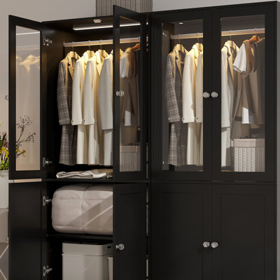 Armoire penderie 74,8 po à 2 portes en verre, garde-robe avec éclairage à DEL intelligent, barre de suspension et 2 tablettes de rangement (ensemble de 2)
