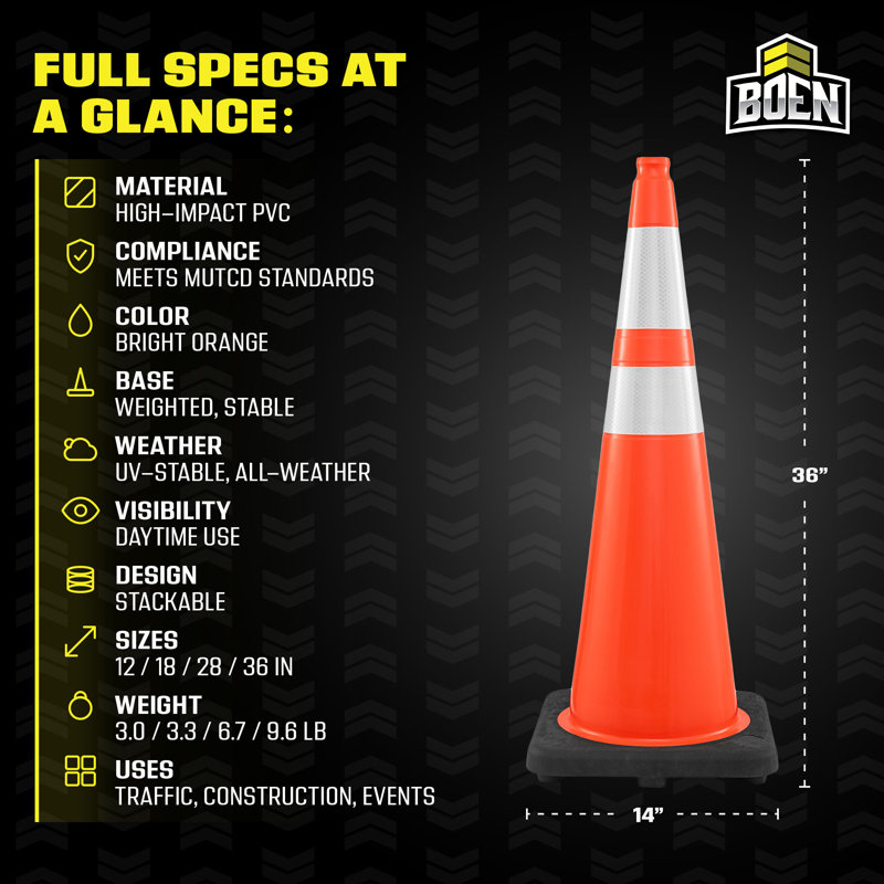 Cônes de signalisation orange Boen de 91 cm (36 po), conformes à la norme MUTCD, avec 2 colliers réfléchissants et une base de 4,5 kg (10 lb) pour les travaux routiers, le stationnement et la signalisation routière.