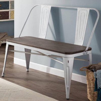 Dining Bench, Entryway Bench With Back, Farmhouse Metal Dining Bench, Industrial Mid-century 3 Person Rustic Spindle Bench, With Wood Seat, Removable Backrest, White