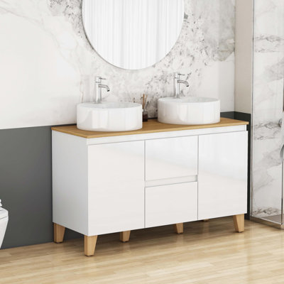 Meuble-lavabo autoportant avec 2 lavabos ronds, 2 portes et 2 grands tiroirs pour un rangement spacieux et élégant