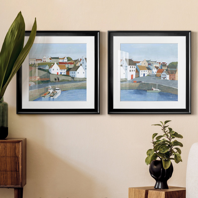 Ensemble de 2 cadres photo Old Coast Town I Old Coast Town I, H 17,5 po x l 35 po x P 1,5 po, Papier encadré noir, Blanc