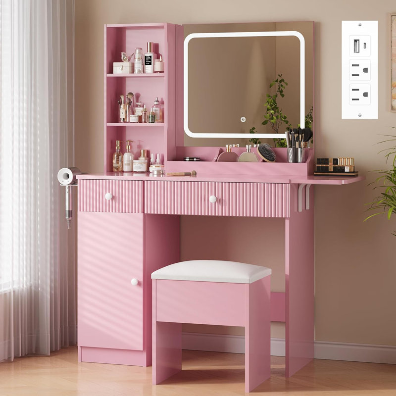 Coiffeuse de maquillage avec lumières DEL et prises de courant - 2 tiroirs, armoire et tabouret - coiffeuse avec station de charge