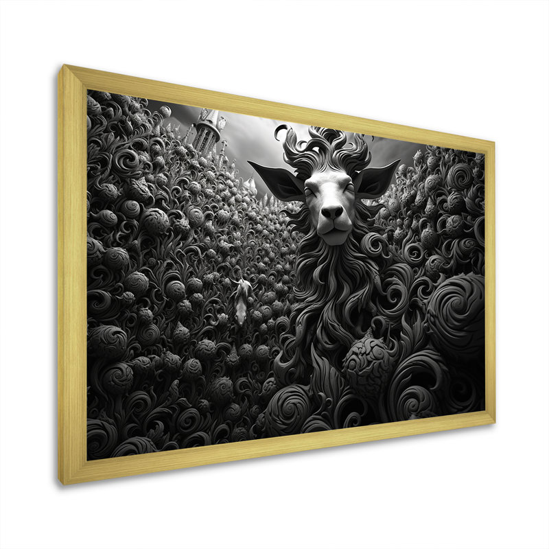 Portrait abstrait de chèvre noir et blanc II - Chèvre, art mural, Cadre d'angle fermé doré, H 12 po x l 20 po x P 1 po