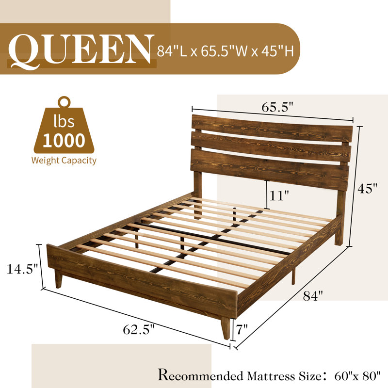 Structure de lit 45 po Mid-Century en bois massif avec tête de lit, Chocolat, Grand lit