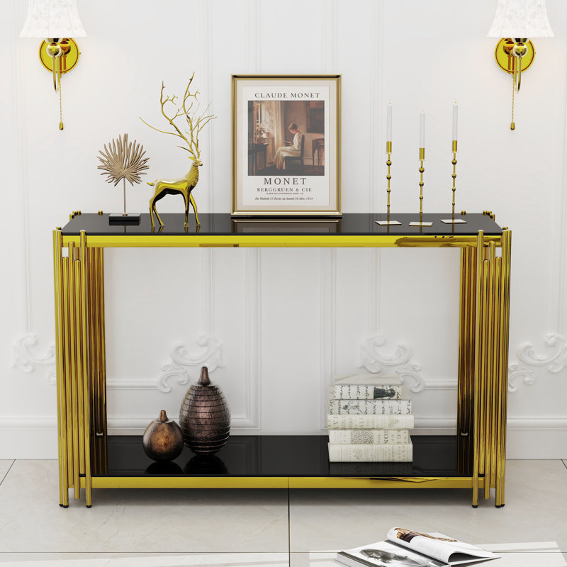 47.2" 2-Tier Glass Top Console Table, Black