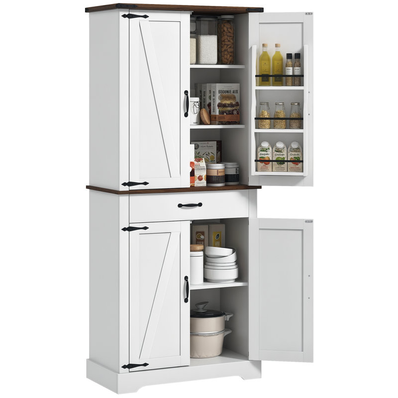 Armoire de cuisine de 71 po de hauteur, armoire de rangement de ferme avec 4 portes de grange, 6 tablettes derrière 2 portes, un tiroir et des tablettes réglables, armoire de salle à manger autoportante, bois