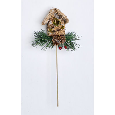 4" Birdhouse with Pine on 6" Wood Pick