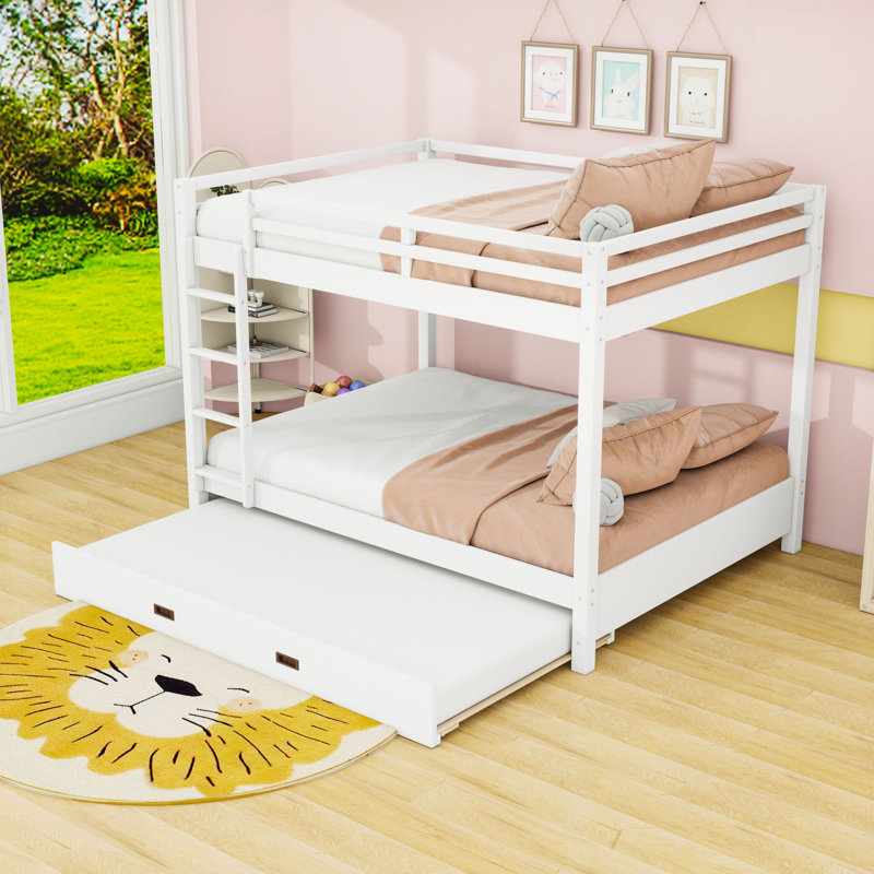 Queen Wood Bunk Bed With Trundle, White