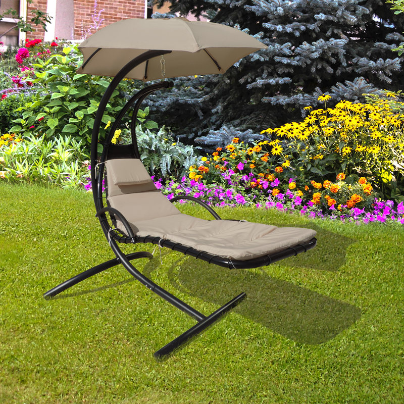 Khaki Hanging Chaise Lounge Chair with Cushions and Umbrella