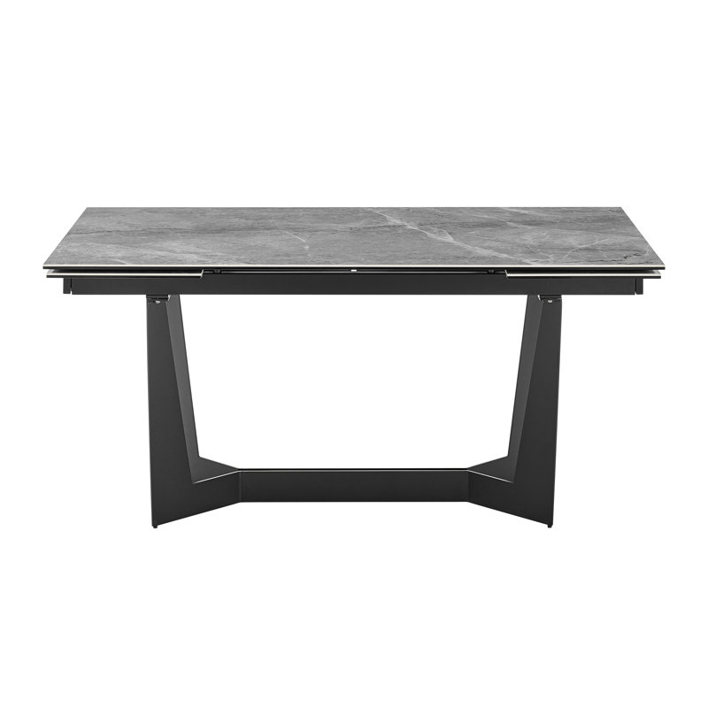 Table à rallonge 95 po Cerdic avec plateau en verre de céramique gris Venise et base en acier noir mat