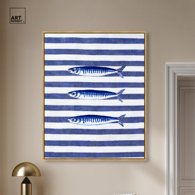 «Three Blue Fish», reproduction sur toile par Art Remedy, cadre doré, 36 x 45