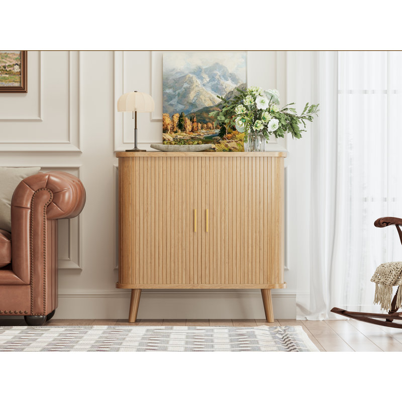 Sliding Louvered Door Side Cabinet with Adjustable Shelves and Curved Side Panels Modern Minimalist Storage Solution, Yellow