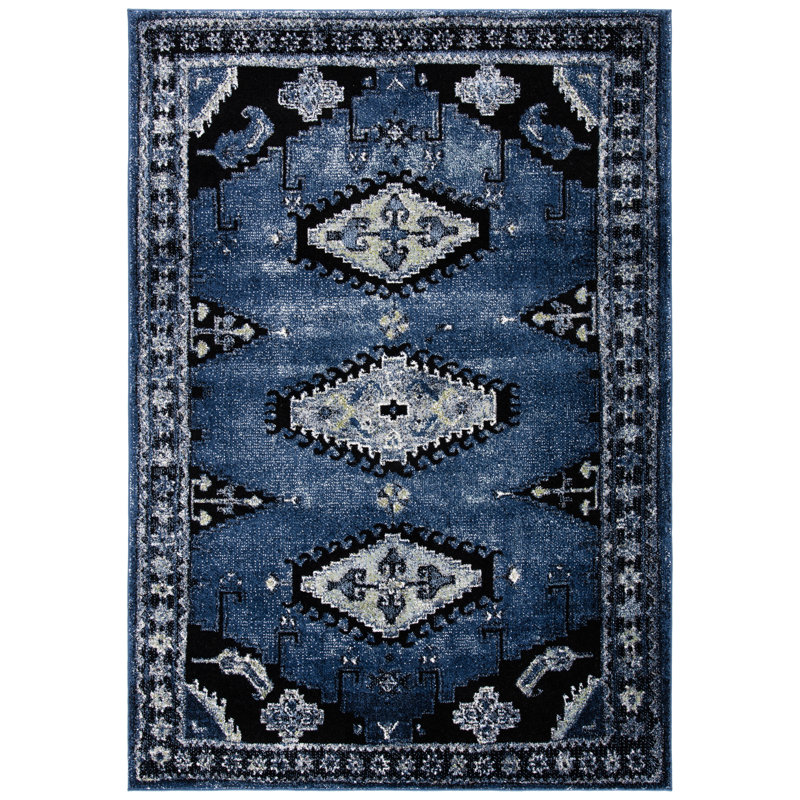 Tapis bleu / noir Southwestern, Rectangle 2 pi 7 po x 5 pi