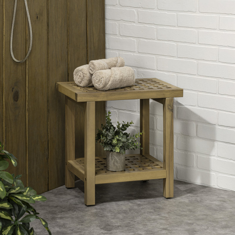 Armin 18" Modern Light Teak Acacia Wood Shower Stool with Storage Shelf, Heavy Duty Slatted Bath Spa Bench for Bathroom, Shower & Entryway